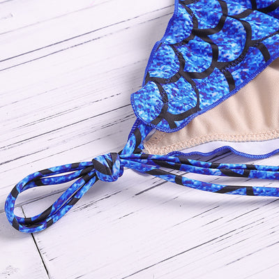 Fish Scales Print Ruffle Strap Side Tied Low Waist Bikini Set for Women Hypersku