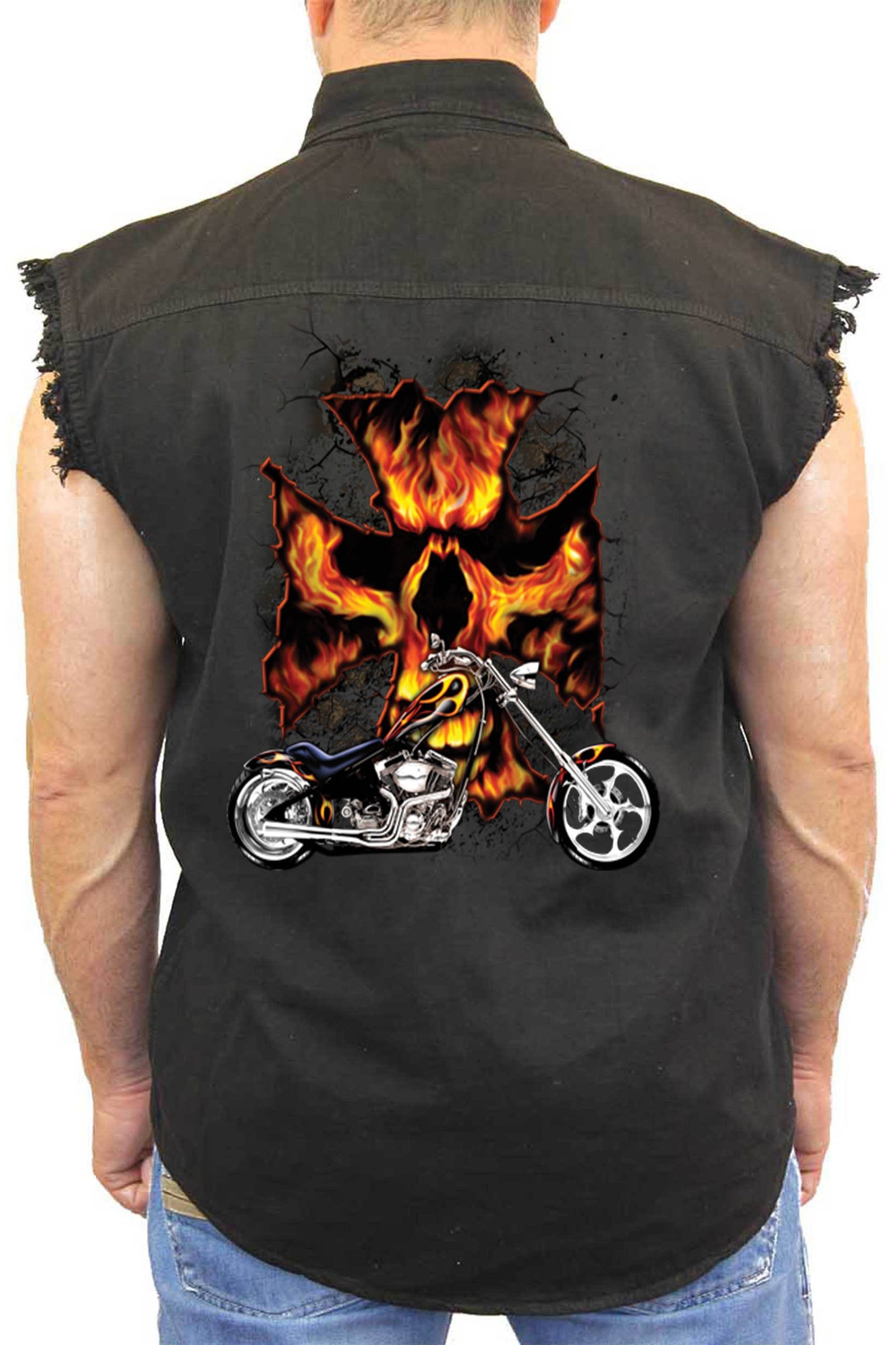 Denim Shirt Motorcycle Flames Skull Cross Biker SHORE TRENDZ