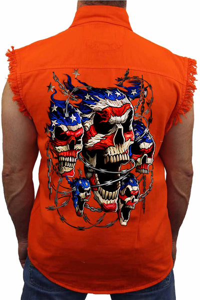 Men's Sleeveless Denim Shirt USA Flag Skulls & Chains Biker SHORE TRENDZ