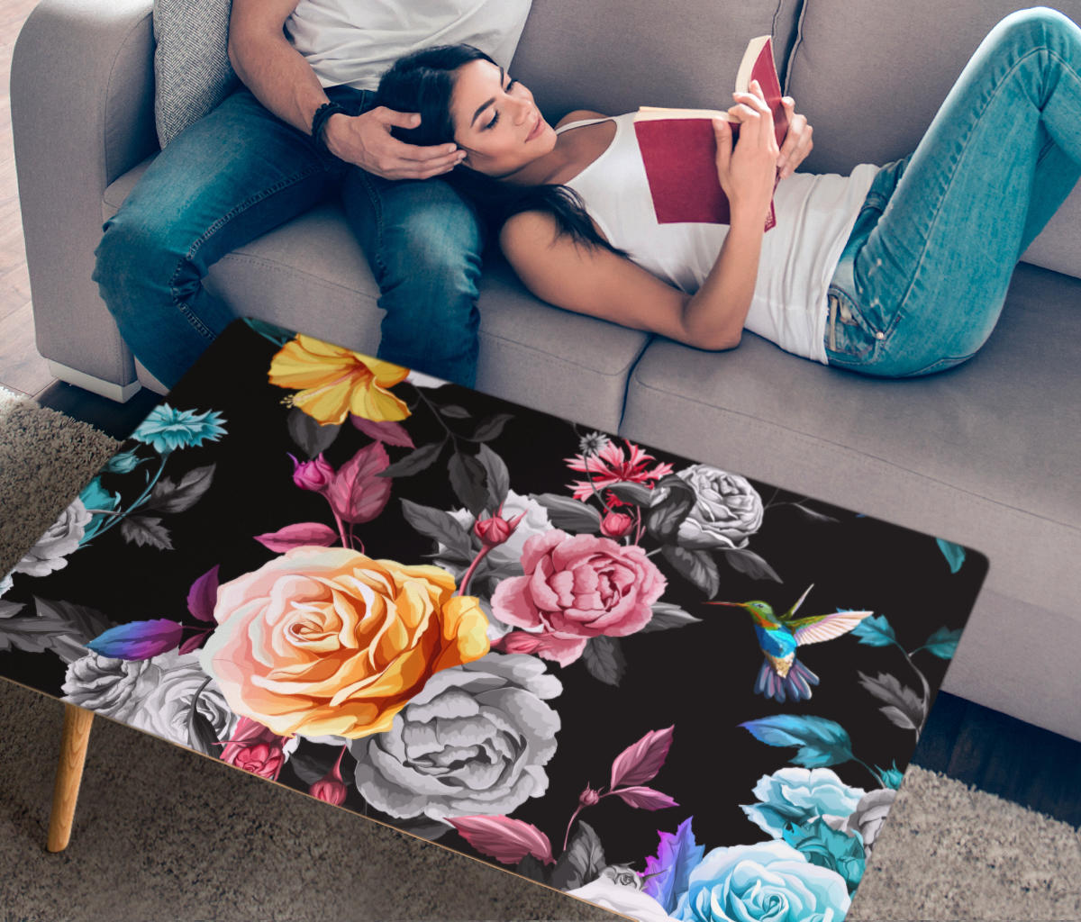 Handcrafted Roses and Hummingbird Coffee Table