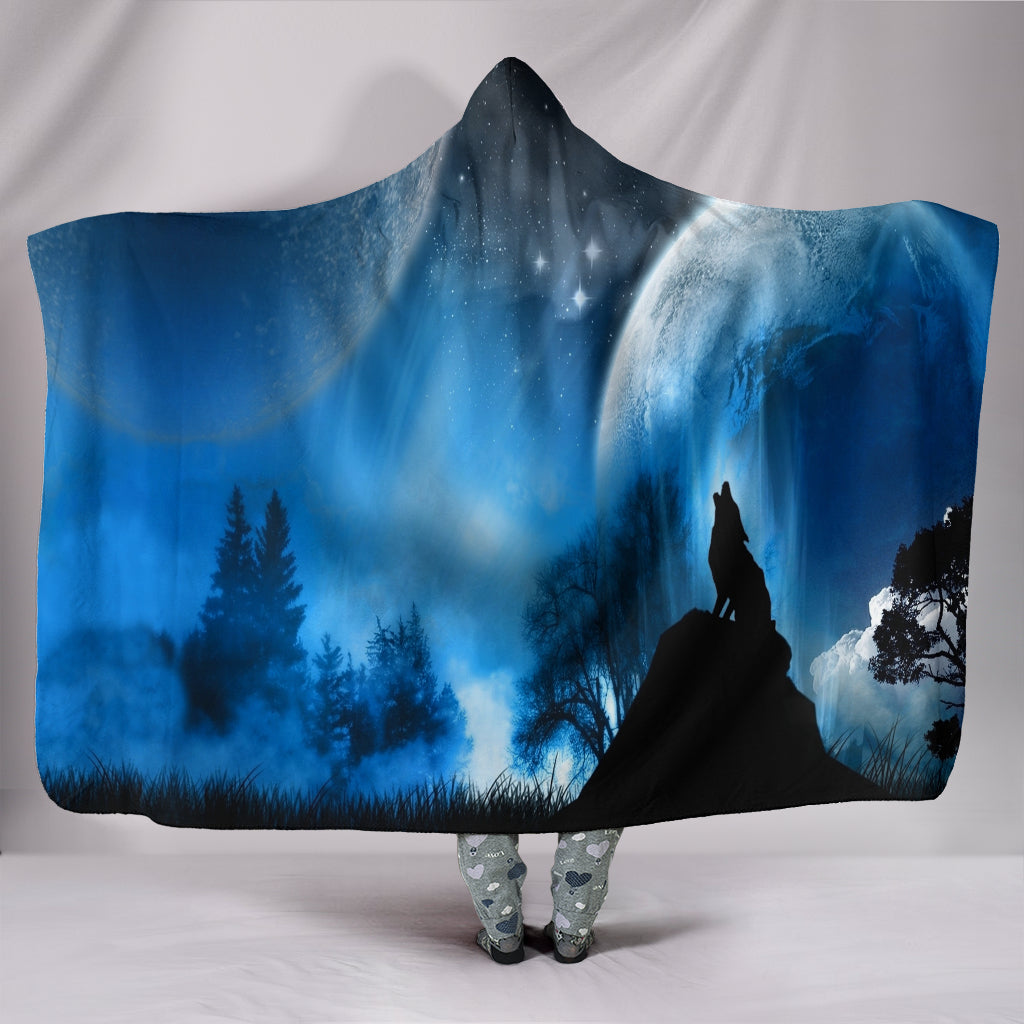 Wolf Blue Moon Plush Lined Wearable Hooded Blanket Getbrewtaps.com